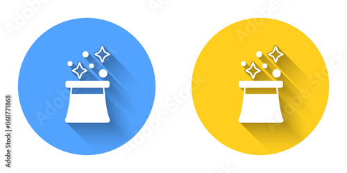 White Magician hat icon isolated with long shadow background. Magic trick. Mystery entertainment concept. Circle button. Vector