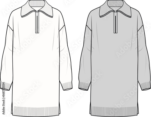 Women's Zip Front Knit Dress. Technical fashion illustration. Front, white and grey color. Women's CAD mock-up.