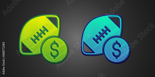 Green and blue American football betting money icon isolated on black background. Football bet bookmaker. Soccer betting online make money. Vector