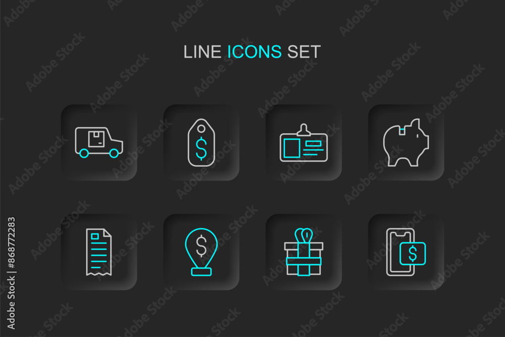 Set line Mobile shopping, Gift box, Cash location, Financial check, Piggy bank, Identification badge, Price tag with dollar and Delivery cargo truck icon. Vector Set line Mobile shopping, Gift box, Cash location, Financial check, Piggy bank, Identification badge, Price tag with dollar and Delivery cargo truck icon. Vector