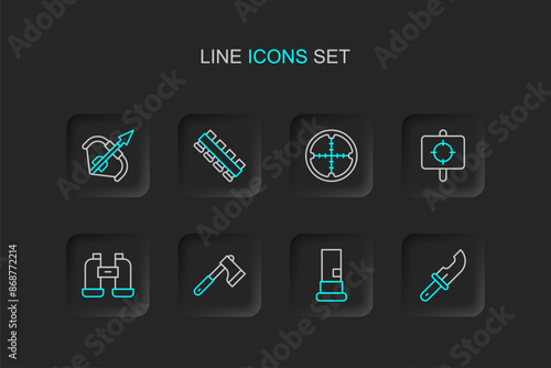 Set line Hunter knife, Cartridges, Wooden axe, Binoculars, Target sport, Sniper optical sight, Hunting cartridge belt and Medieval bow and arrow icon. Vector