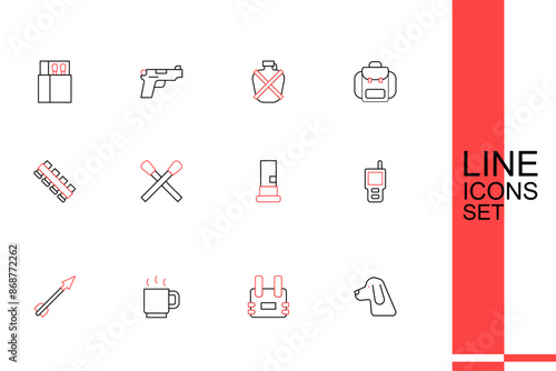 Set line Hunting dog, Bulletproof vest, Coffee cup, Medieval arrow, Walkie talkie, Cartridges, Burning match with fire and cartridge belt icon. Vector