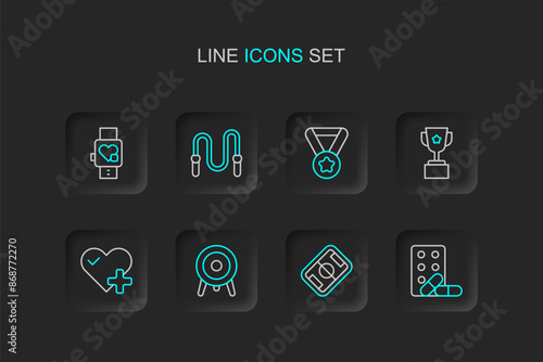 Set line Sports doping with dumbbell, Football field, Target sport, Heart rate, Award cup, Medal, Jump rope and Smart watch heart icon. Vector