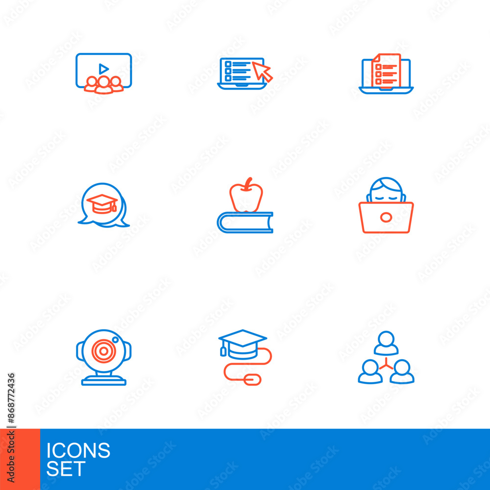 Set line Online class, Graduation cap with mouse, Web camera, Student working laptop, speech bubble, Book apple, quiz, test, survey and icon. Vector Set line Online class, Graduation cap with mouse, Web camera, Student working laptop, speech bubble, Book apple, quiz, test, survey and icon. Vector