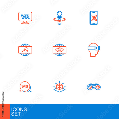 Set line Gamepad, 3d modeling, Virtual reality, glasses, Wide angle picture, Big brother electronic eye, and VR controller game icon. Vector