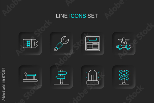 Set line Railroad crossing, Flasher siren, Road traffic sign, Railway, railroad track, Handcar transportation, Train station board, Wrench spanner and ticket icon. Vector