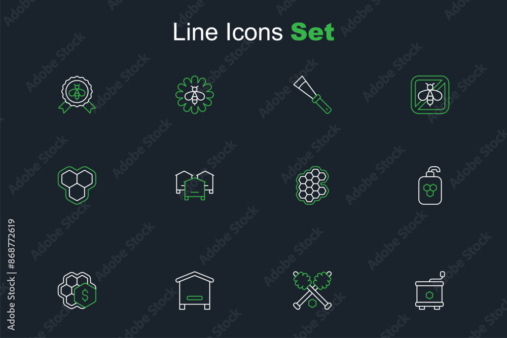 Set line Honey extractor, dipper stick, Hive for bees, Sale of honeycomb, Cosmetic tube with, Honeycomb, and icon. Vector Set line Honey extractor, dipper stick, Hive for bees, Sale of honeycomb, Cosmetic tube with, Honeycomb, and icon. Vector