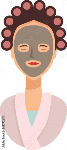 Woman wearing a bathrobe and hair curlers enjoying a rejuvenating facial clay mask