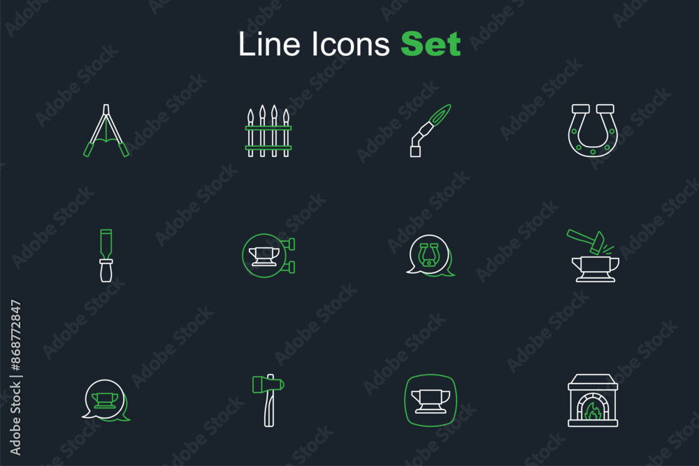 Set line Blacksmith oven, anvil tool, Hammer, Anvil and hammer, Horseshoe, and Rasp metal file icon. Vector Set line Blacksmith oven, anvil tool, Hammer, Anvil and hammer, Horseshoe, and Rasp metal file icon. Vector