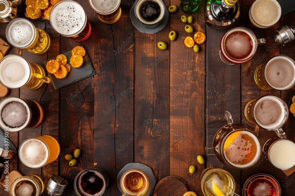 Varieties of beer displayed on a wooden pub table with space for your message, pub menu template Varieties of beer displayed on a wooden pub table with space for your message, pub menu template