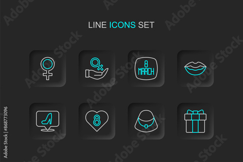 Set line Gift box and heart, Handbag, Heart with 8 March, Woman shoe, Smiling lips, Female gender symbol and icon. Vector