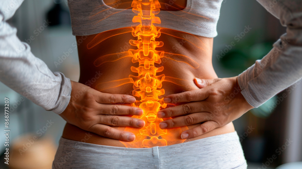 Back Pain: A woman has low back pain represented with a superimposed ...
