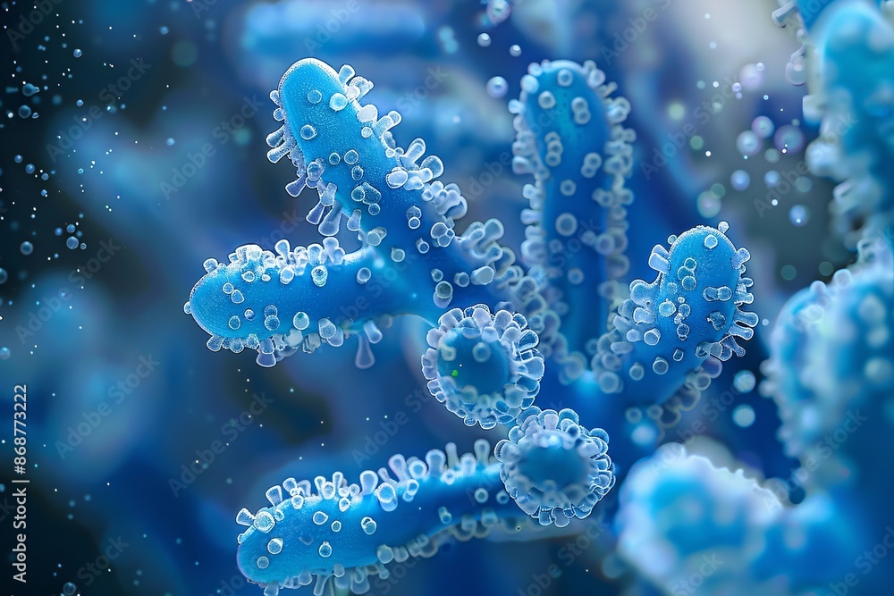 Close-up view of blue microorganism cells on blue background. 3D illustration of Bacteria Close-up view of blue microorganism cells on blue background. 3D illustration of Bacteria
