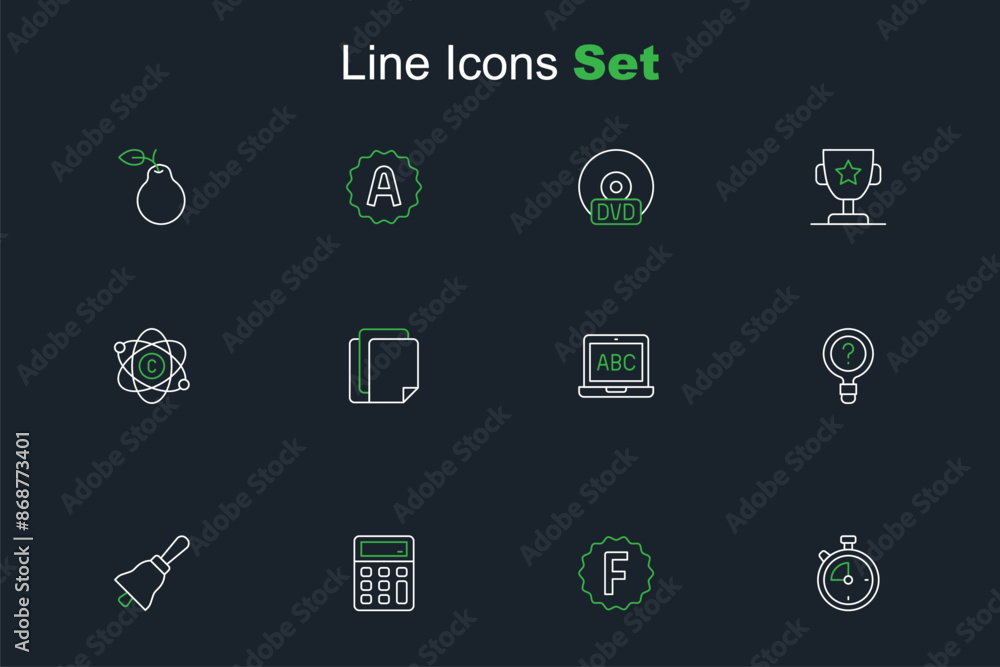 Set line Stopwatch, Exam paper with incorrect answers, Calculator, Ringing bell, Unknown search, Laptop, File document and Atom icon. Vector Set line Stopwatch, Exam paper with incorrect answers, Calculator, Ringing bell, Unknown search, Laptop, File document and Atom icon. Vector