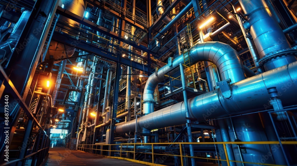 Industrial interior with pipes and machinery under warm lighting. Industrial interior with pipes and machinery under warm lighting.