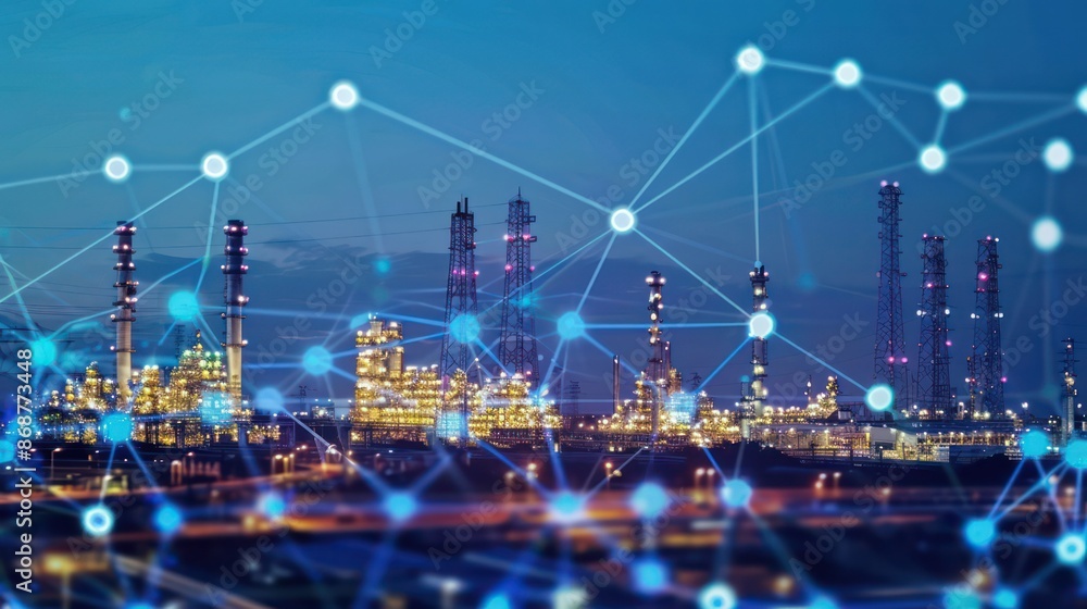 Industrial plant at dusk with interconnected network nodes overlay. Industrial plant at dusk with interconnected network nodes overlay.