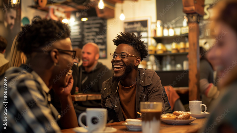 A lively group of friends chatting and laughing in a cozy cafe. Ideal for social interactions, friendship, and lifestyle themes. A lively group of friends chatting and laughing in a cozy cafe. Ideal for social interactions, friendship, and lifestyle themes.