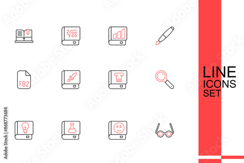 Set line Glasses, Book, Chemistry book, User manual, Magnifying glass, History, about weapon and FB2 File icon. Vector