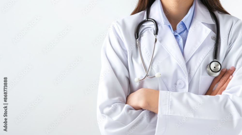Doctor with stethoscope wearing a white coat with arms crossed Doctor with stethoscope wearing a white coat with arms crossed