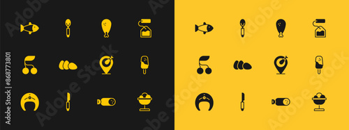 Set Tea bag, Knife, Chicken leg, Salami sausage, egg, Fish and Spoon icon. Vector