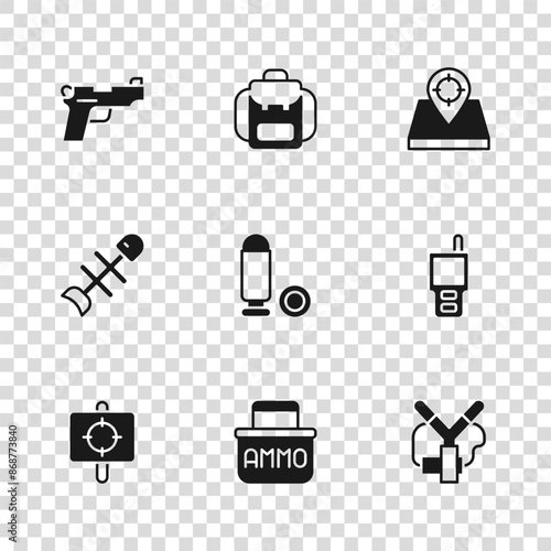Set Ammunition box, Walkie talkie, Slingshot, Bullet, Hunt place, Pistol or gun, Hiking backpack and Dead fish icon. Vector