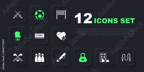 Set Sports doping with dumbbell, Jump rope, Ribbon finishing line, Weight, Boxing glove, Bowling, Soccer football ball and Baseball bat icon. Vector