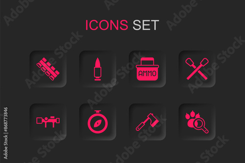 Set Compass, Bullet, Hunting cartridge belt, Wooden axe, Burning match with fire, Paw search, Ammunition box and Sniper optical sight icon. Vector