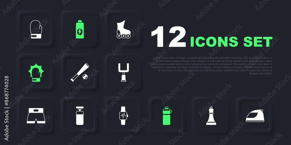 Set Chess, Racing helmet, Baseball bat with ball, Fitness shaker, Punch boxing gloves, Punching bag, and Smart watch heart icon. Vector Set Chess, Racing helmet, Baseball bat with ball, Fitness shaker, Punch boxing gloves, Punching bag, and Smart watch heart icon. Vector