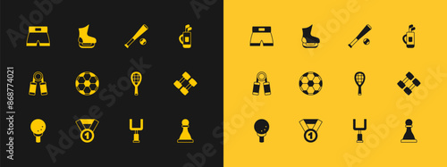 Set Golf bag with clubs, Medal, Tennis racket, American football goal post, Soccer, Baseball bat, Boxing short and Skates icon. Vector