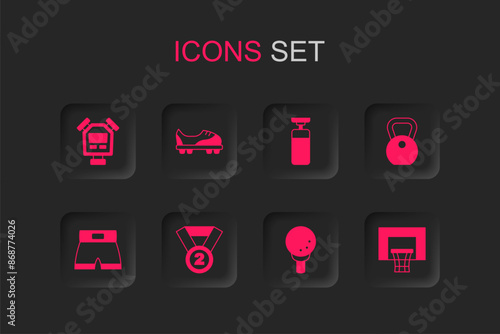 Set Medal, Football shoes, Stopwatch, Golf on tee, Weight, Basketball backboard, Punching bag and Boxing short icon. Vector