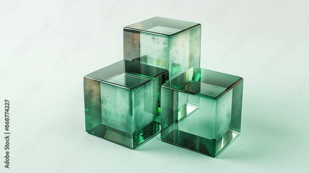 A white background with an isometric view of three transparent green glass cubes. A white background with an isometric view of three transparent green glass cubes.