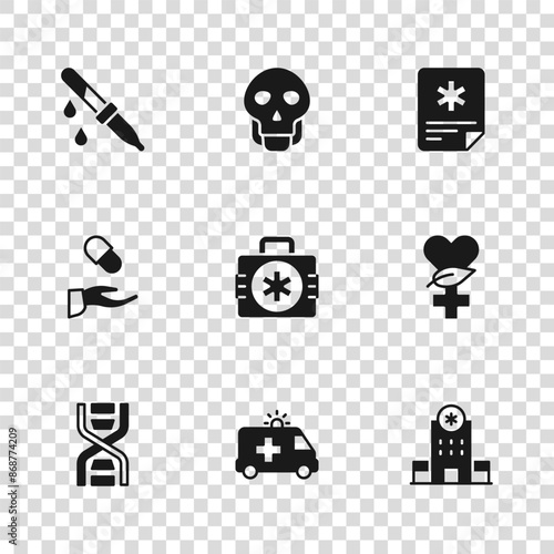 Set Ambulance car, Ethnoscience, Hospital building, First aid kit, Patient record, Pipette, Skull and Medical prescription icon. Vector