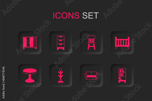 Set Coat stand, Chest of drawers, Wardrobe, Sofa, Baby crib cradle bed, Library bookshelf, Chair and Round table icon. Vector © Iryna
