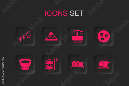 Set Dumpling with chopsticks, Rice a bowl, Food noodles, Chicken egg, Sushi, Traditional tea ceremony, Asian and Soy sauce icon. Vector