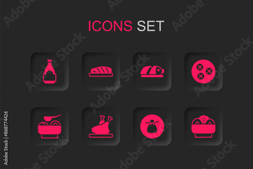 Set Roasted turkey or chicken, Fish steak, Soy sauce bottle, Wonton, Chow mein plate, with sliced pieces and Ramen soup bowl icon. Vector
