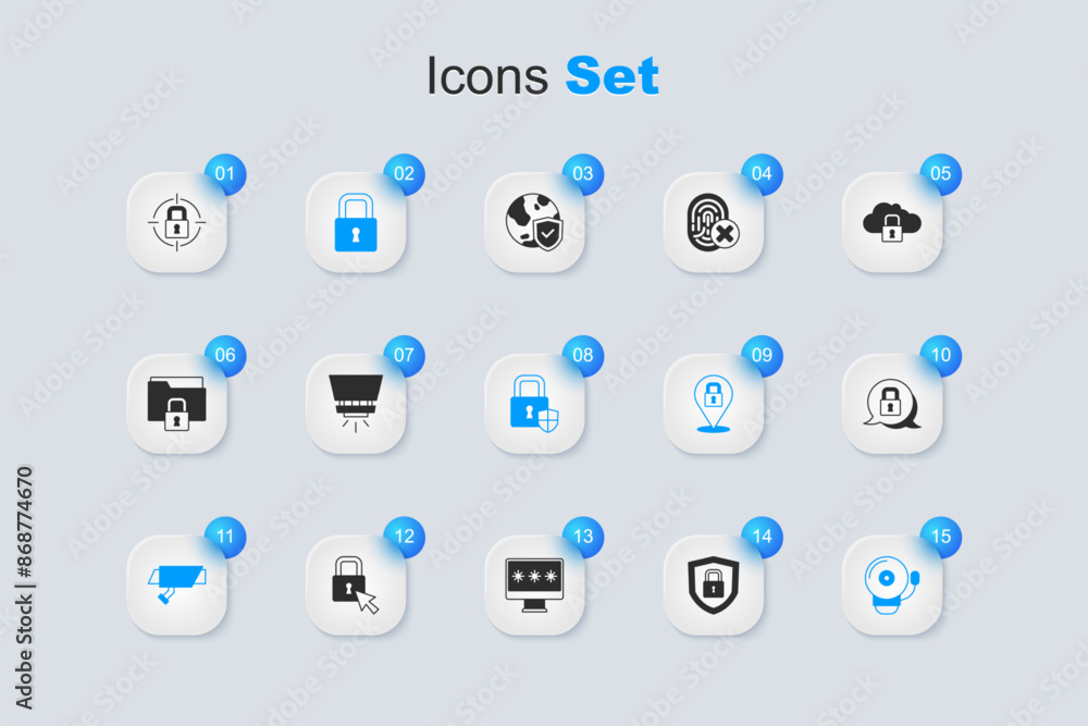 Set Shield security with lock, Fire sprinkler system, Lock, Security camera, Ringing alarm bell, and icon. Vector Set Shield security with lock, Fire sprinkler system, Lock, Security camera, Ringing alarm bell, and icon. Vector