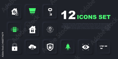 Set Eye scan, Parking car barrier, House under protection, Ringing alarm bell, Security keypad access panel, Cloud computing lock, Fire sprinkler system and Shield security with icon. Vector