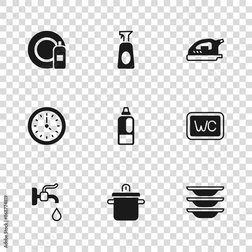 Set Cooking pot, Toilet, Washing dishes, Bottle for detergent, Electric iron, Dishwashing bottle and plate, Cleaning spray with and Clock icon. Vector