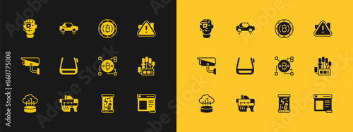 Set Exclamation mark in triangle, Futuristic weapon, Blockchain technology Bitcoin, Cryogenic capsules, Smart glasses spectacles, Cryptocurrency, and Fantastic flying car icon. Vector