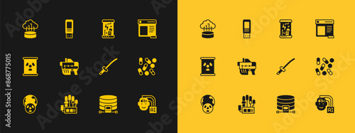 Set Browser window, Mechanical robot hand, Katana, Cloud database, Futuristic weapon, Cryogenic capsules, Network cloud connection and USB flash drive icon. Vector