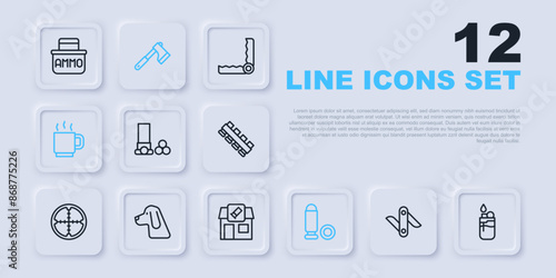 Set line Swiss army knife, Lighter, Cartridges, Bullet, Coffee cup, Hunting dog, Wooden axe and shop icon. Vector