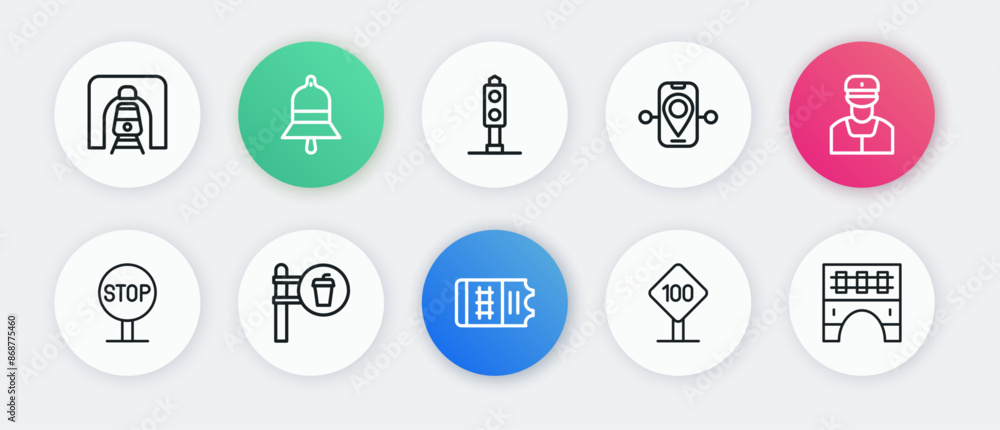 Set line Train ticket, conductor, Stop sign, Speed limit traffic 100 km, Route location, light, Bridge for train and Cafe and restaurant icon. Vector Set line Train ticket, conductor, Stop sign, Speed limit traffic 100 km, Route location, light, Bridge for train and Cafe and restaurant icon. Vector