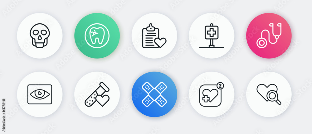 Set line Crossed bandage plaster, Stethoscope, Red eye effect, Mobile with heart rate, Location hospital, Patient record, Medical inspection and Test tube blood icon. Vector Set line Crossed bandage plaster, Stethoscope, Red eye effect, Mobile with heart rate, Location hospital, Patient record, Medical inspection and Test tube blood icon. Vector