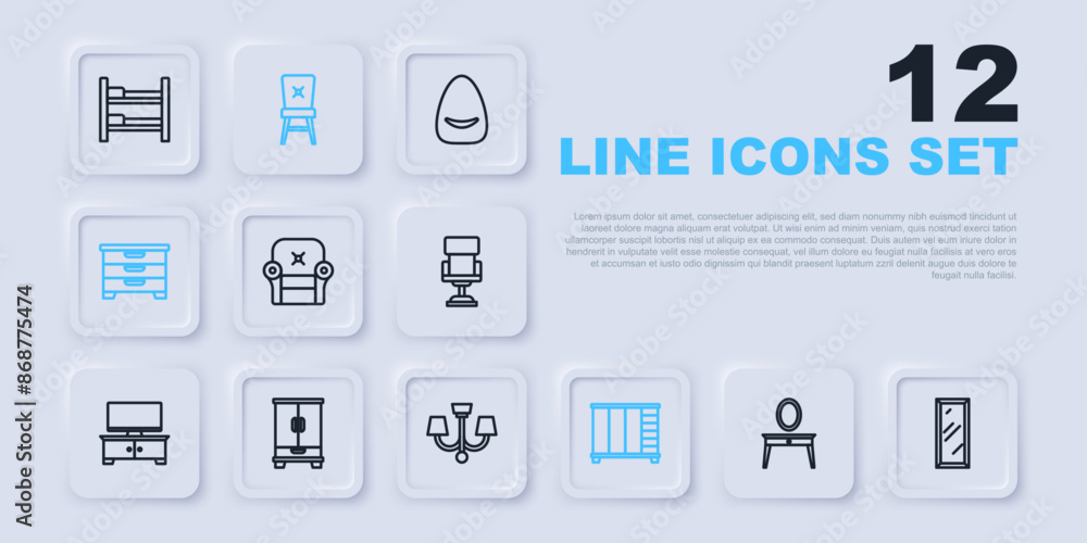 Set line Dressing table, Big full length mirror, Armchair, Wardrobe, Chest of drawers, Chair and Chandelier icon. Vector Set line Dressing table, Big full length mirror, Armchair, Wardrobe, Chest of drawers, Chair and Chandelier icon. Vector