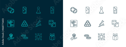 Set line Domino, Checker game chips, Dart arrow, Board, Billiard balls triangle, Chip for board, Casino and icon. Vector