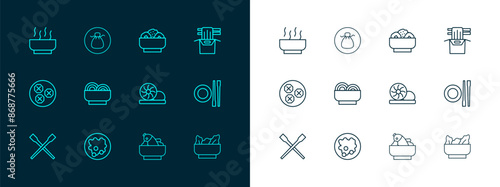 Set line Asian noodles in paper box, Rice bowl, Xiao long bao, with fish, Chow mein plate, Ramen soup and Wonton icon. Vector