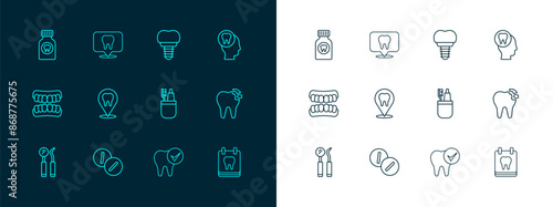 Set line Toothache, painkiller tablet, Toothbrush and toothpaste, Dental clinic location, implant, and icon. Vector