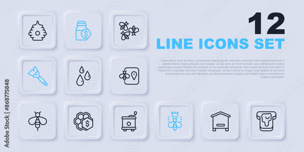Set line Hive for bees, Bread with honey, Drops of, Queen, Beekeeping brush, Sale honeycomb, jar and Honey extractor icon. Vector Set line Hive for bees, Bread with honey, Drops of, Queen, Beekeeping brush, Sale honeycomb, jar and Honey extractor icon. Vector
