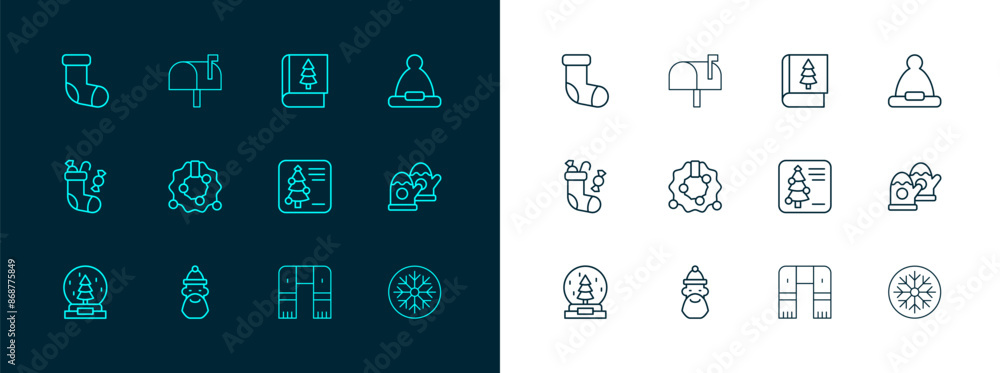 Set line Christmas Santa Claus hat, and beard, postcard, Winter scarf, wreath, book, stocking and Mail box icon. Vector Set line Christmas Santa Claus hat, and beard, postcard, Winter scarf, wreath, book, stocking and Mail box icon. Vector