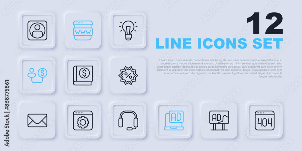 Set line Advertising, Page with a 404 error, Financial book, Human and money, Browser setting, window and Headphones icon. Vector Set line Advertising, Page with a 404 error, Financial book, Human and money, Browser setting, window and Headphones icon. Vector
